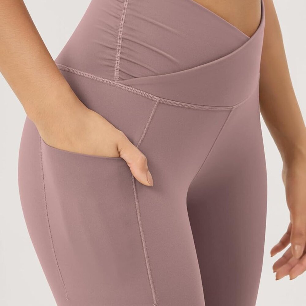 Women's Gathered Cross Waist Yoga Leggings with Pockets, 25" / 28" Crossover Wor - Picture 3 of 6